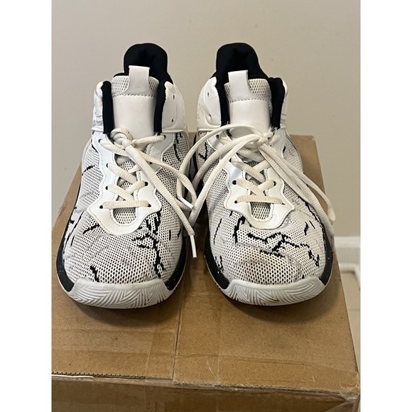 5.5- White Black Basketball Sneakers Lace-Up Athletic Mid Top Shoes - Picture 6 of 11